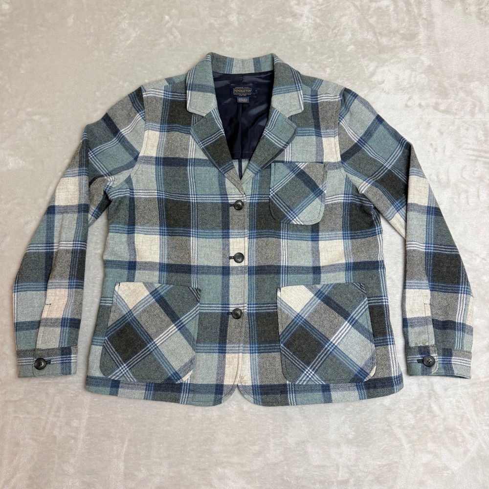 Pendleton Wool Blazer Jacket Women Large Blue Grey Plaid 3-Button Preppy Office
